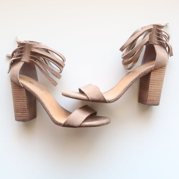BCBGeneration Cydney Fringe Trimmed Taupe Suede Sandals Block Heels Women Size 6 - Picture 1 of 16